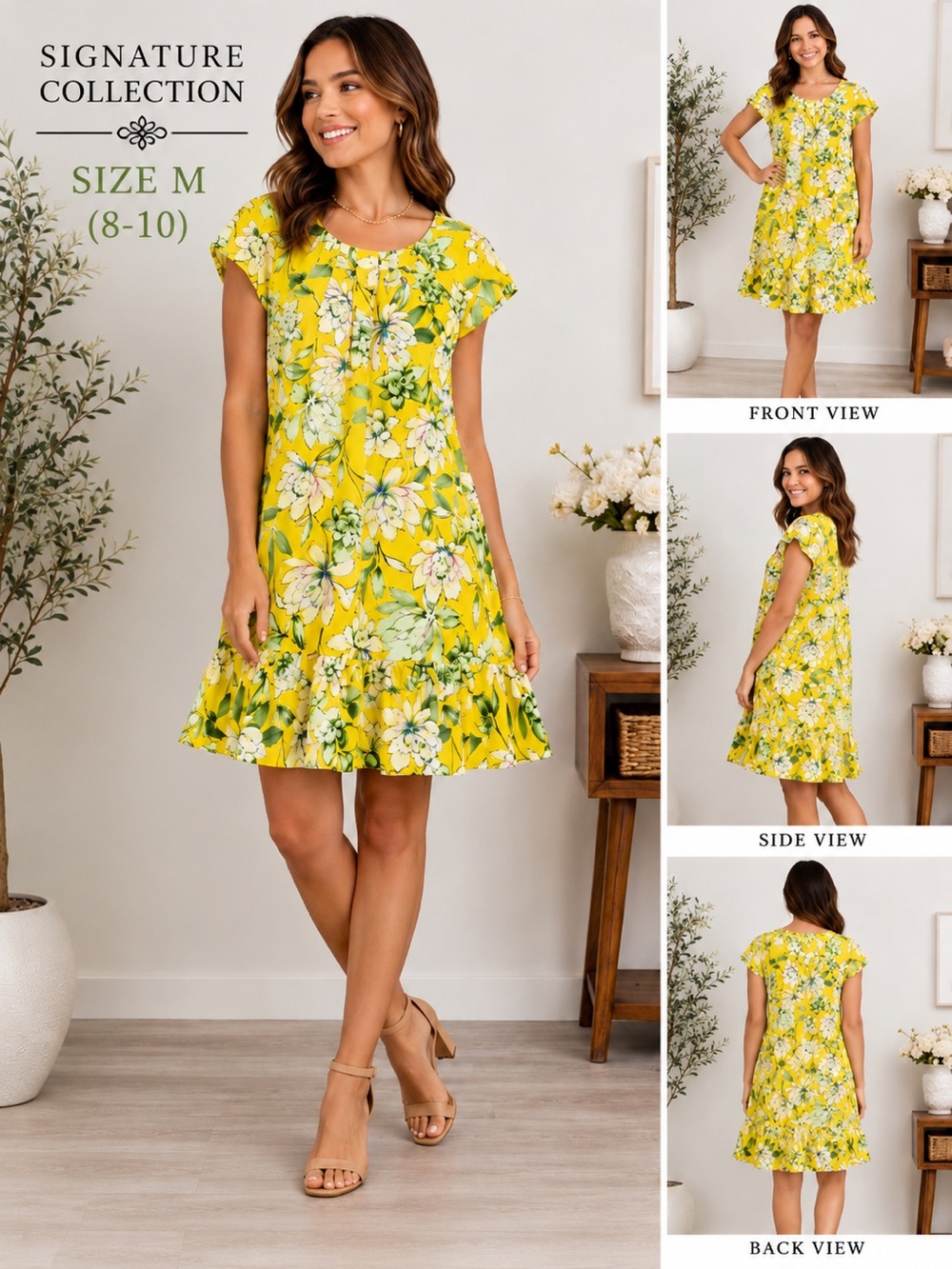 Signature Collection Yellow Floral Dress feminine summer  cottagecore  M 8–10)